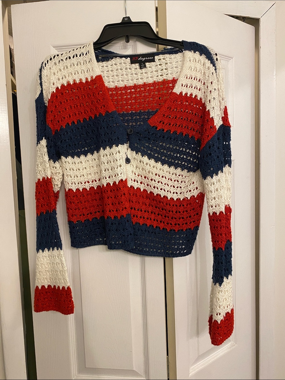 33 Degrees Red, White & Blue Crochet Stripe Cardigan
